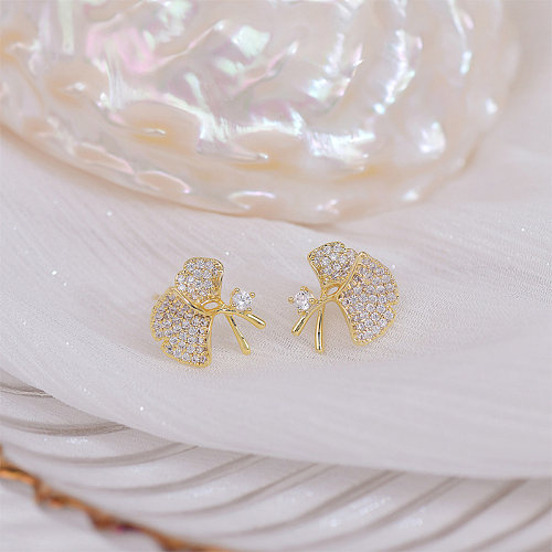 1 Pair Lady Simple Style Ginkgo Leaf Plating Inlay Copper Zircon 14K Gold Plated Ear Studs