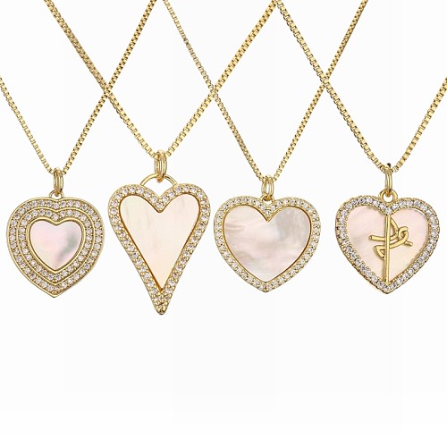 Simple Style Heart Shape Copper Plating Inlay Shell Zircon Gold Plated Pendant Necklace