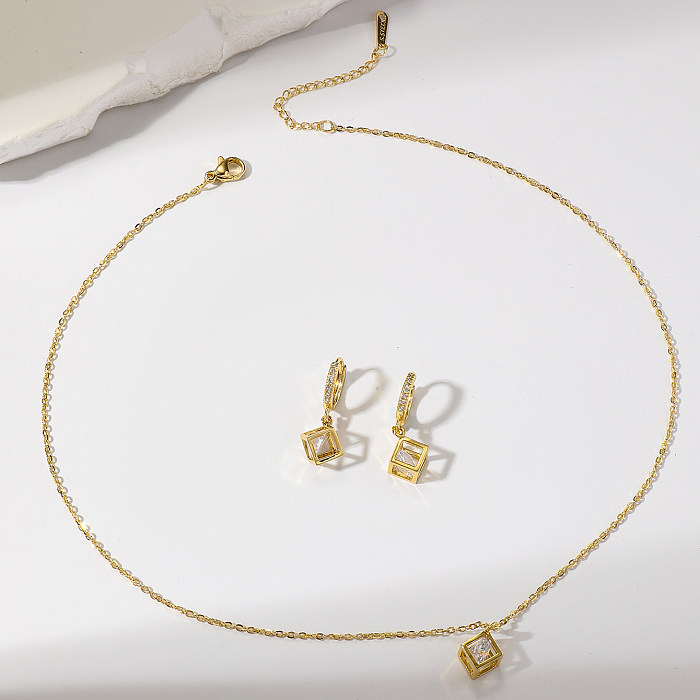 مجموعة مجوهرات IG Style Simple Style على شكل مكعب روبيك مصنوعة من الفولاذ المقاوم للصدأ ومرصعة بالزركون ومطلية بالذهب