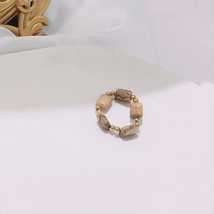 Anéis artesanais de pedra natural de aço inoxidável geométrico retrô 1 peça