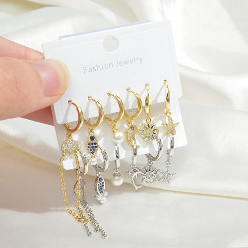 Fashion Star Dolphin Copper Drop Earrings Asymmetrical Inlay Pearl Zircon Copper Earrings 3 Pairs