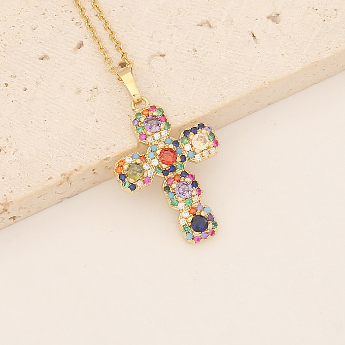 Vintage Style Cross Oval Stainless Steel Copper Artificial Pearls Zircon Pendant Necklace In Bulk