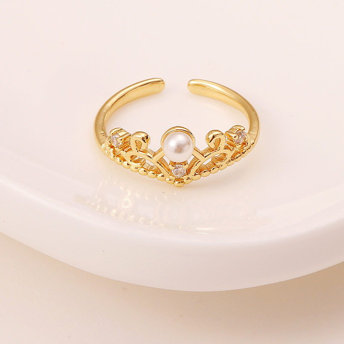 مجوهرات بسيطة على شكل تاج من النحاس للنساء، خاتم مفتوح من الألماس واللؤلؤ اللطيف
