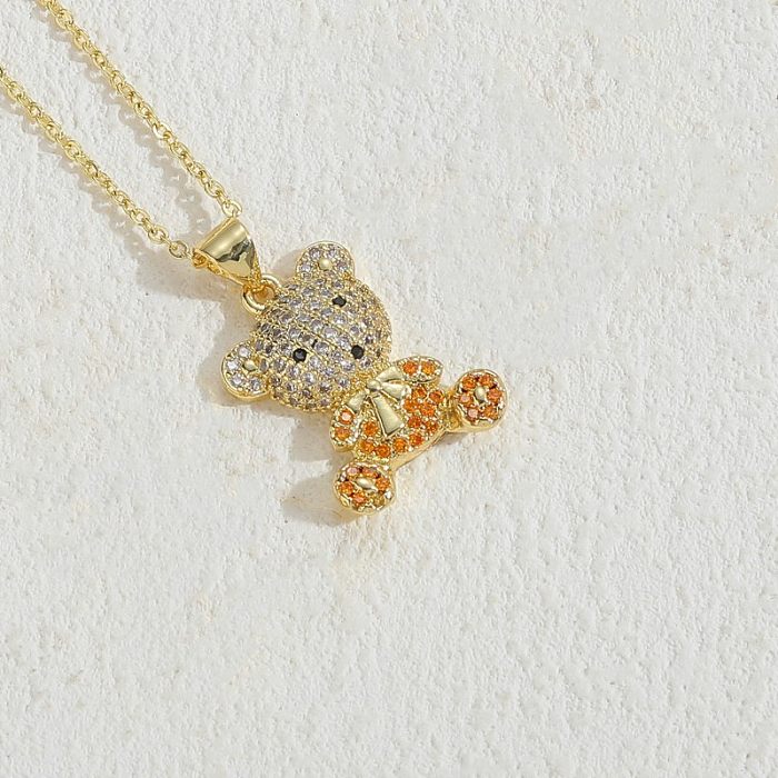 Cute Bear Copper Plating Inlay Zircon 14K Gold Plated Pendant Necklace