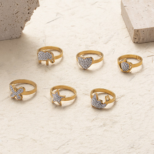 Casual streetwear animal coração forma borboleta chapeamento de aço inoxidável inlay zircon 18k anéis banhados a ouro
