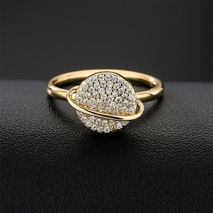 Moda planeta forma rotatable anel cobre chapeado 18k ouro zircão anel feminino