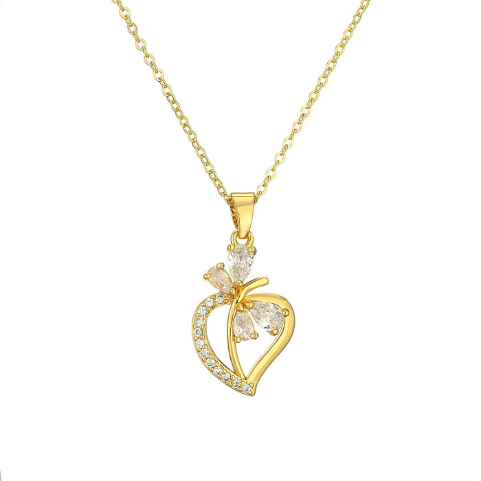 Streetwear Leaf Heart Shape Copper Plating Inlay Zircon Gold Plated Pendant Necklace