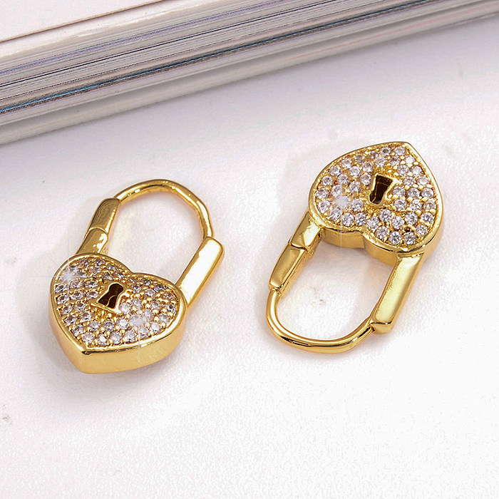 1 Pair Simple Style Shiny Heart Shape Lock Plating Inlay Copper Zircon 18K Gold Plated Hoop Earrings