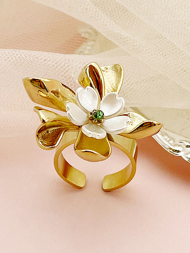 Eleganter, süßer, künstlerischer Blumen-Edelstahl-Perlmutterfalter-Ring mit vergoldetem Kristall und offenem Ring in großen Mengen