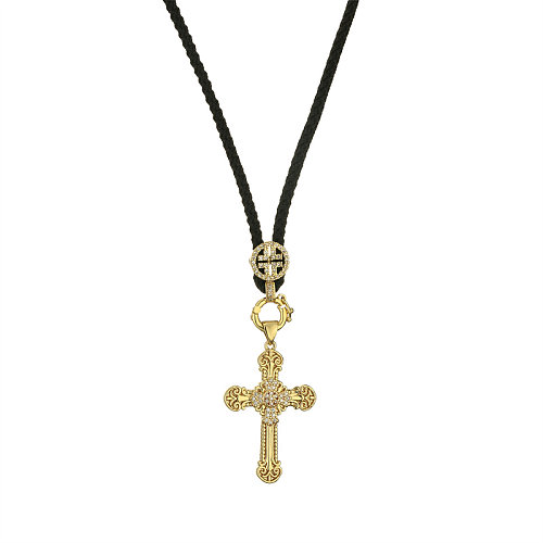 Collier avec pendentif en Zircon, décontracté, rétro, croix, placage de cuivre, incrustation