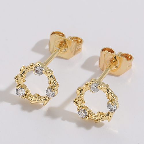 1 Pair Simple Style Round Copper Plating Inlay Zircon 14K Gold Plated Ear Studs