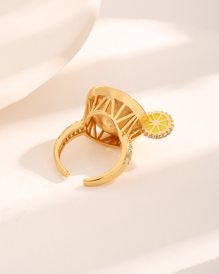 Elegante, runde, zitronenfarbene, verkupferte offene Ringe mit Zirkoneinlage und 18-Karat-Vergoldung