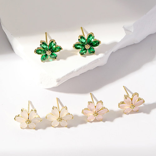 3 paires de clous d'oreilles plaqués or et Zircon, style coréen, incrustation de fleurs, cuivre et Zircon