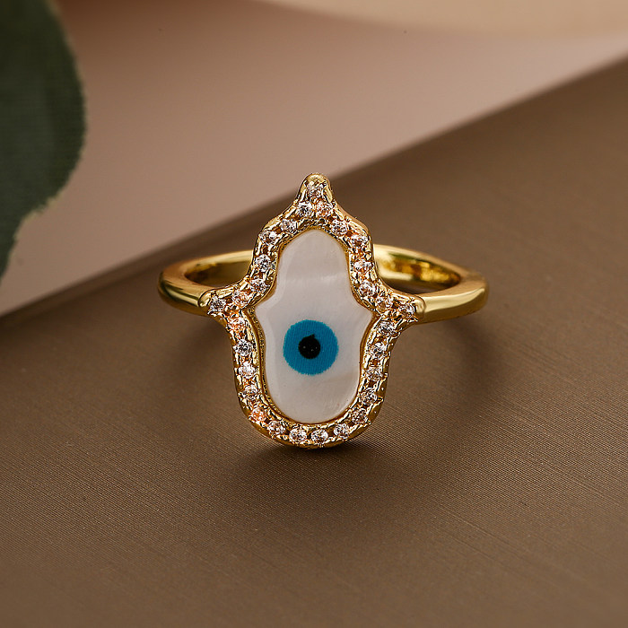 Simple Style Commute Devil'S Eye Hand Of Fatima Copper Plating Inlay Zircon 18K Gold Plated Open Rings