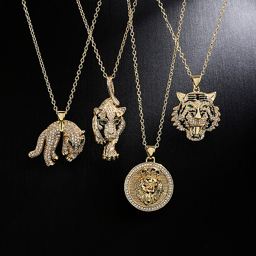 Mode Cuivre 18K Plaqué Or Zircon Animal Collier Tigre Léopard Lion Pendentif