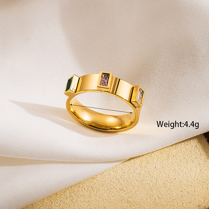 Lässige, klassische, rechteckige Ringe mit Intarsien aus 18 Karat vergoldetem Zirkon mit Edelstahlbeschichtung