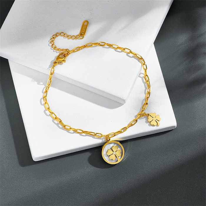 Elegant Artistic Four Leaf Clover Flower Butterfly Titanium Steel Plating Inlay Shell 18K Gold Plated Anklet Necklace