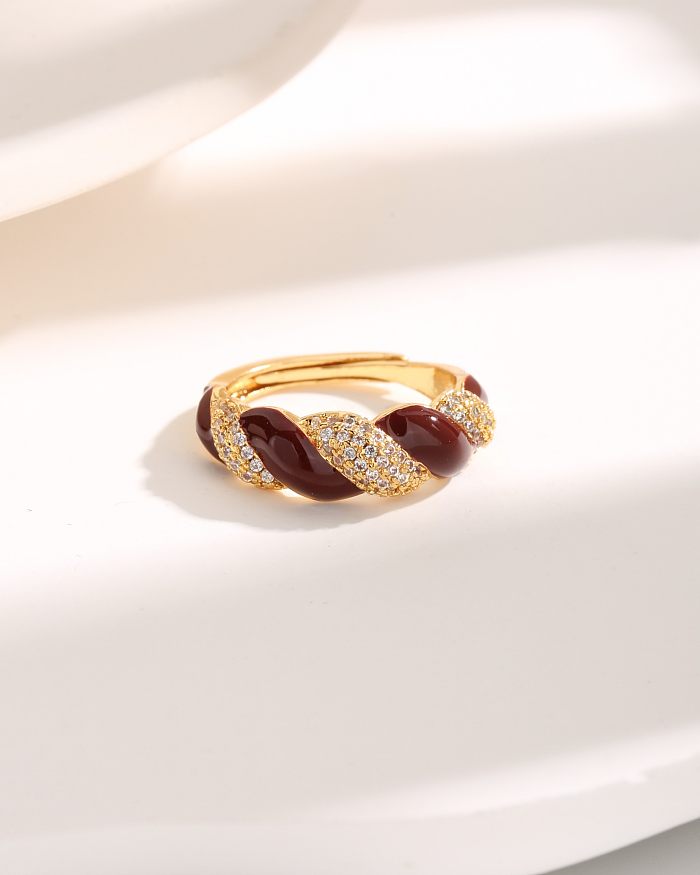 Retro Simple Style Shiny Twist Copper Plating Inlay Zircon 18K Gold Plated Rings