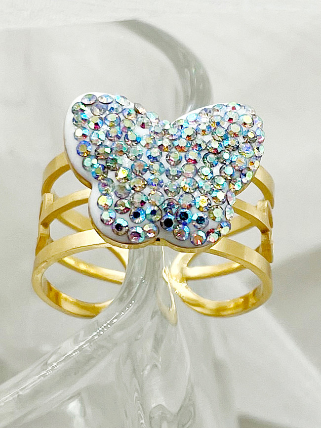 Nordic Style Glam Butterfly Stainless Steel Gold Plated Rhinestones Open Ring In Bulk