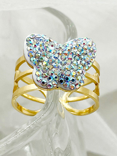 Nordic Style Glam Butterfly Stainless Steel Gold Plated Rhinestones Open Ring In Bulk