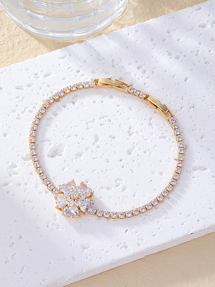 Elegante flor chapeamento de cobre inlay zircon branco banhado a ouro pulseiras banhadas a ouro