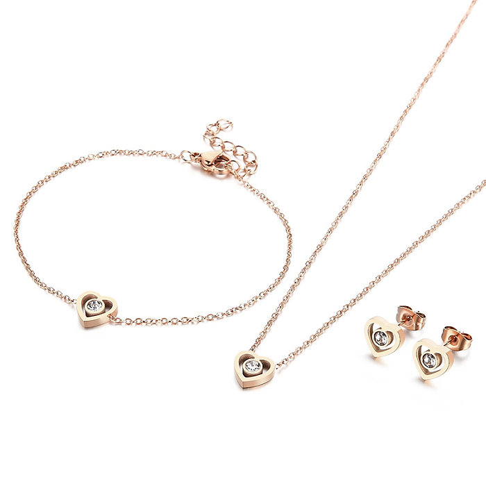 Simple Style Heart Shape Titanium Steel Plating Inlay Zircon 18K Gold Plated Rose Gold Plated Bracelets Earrings Necklace