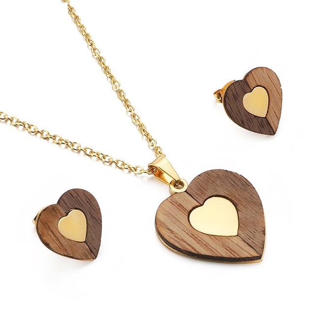 أزياء التيتانيوم الصلب خشبية على شكل قلب أقراط قلادة مجموعة المجوهرات بالجملة