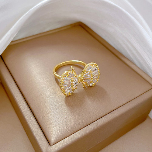 1 Piece Cartoon Style Crown Bow Knot Brass Inlay Zircon Open Ring