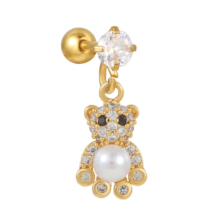 1 Piece Casual Simple Style Bear Heart Shape Flower Brass Plating Inlay Zircon 18K Gold Plated Drop Earrings