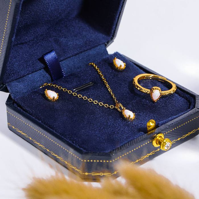 Retro geometrische Wassertropfen Kupferbeschichtung Inlay Naturstein vergoldete Ringe Ohrringe Halskette