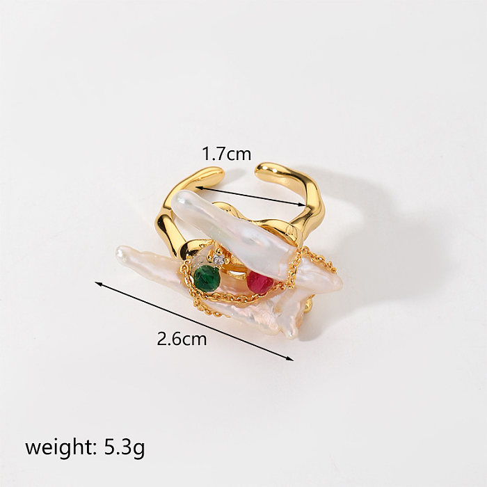 Commute Geometric Copper Plating Inlay Pearl 18K Gold Plated Open Rings