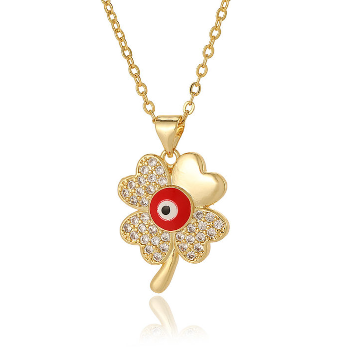 Sweet Four Leaf Clover Eye Copper Plating Inlay Zircon Pendant Necklace
