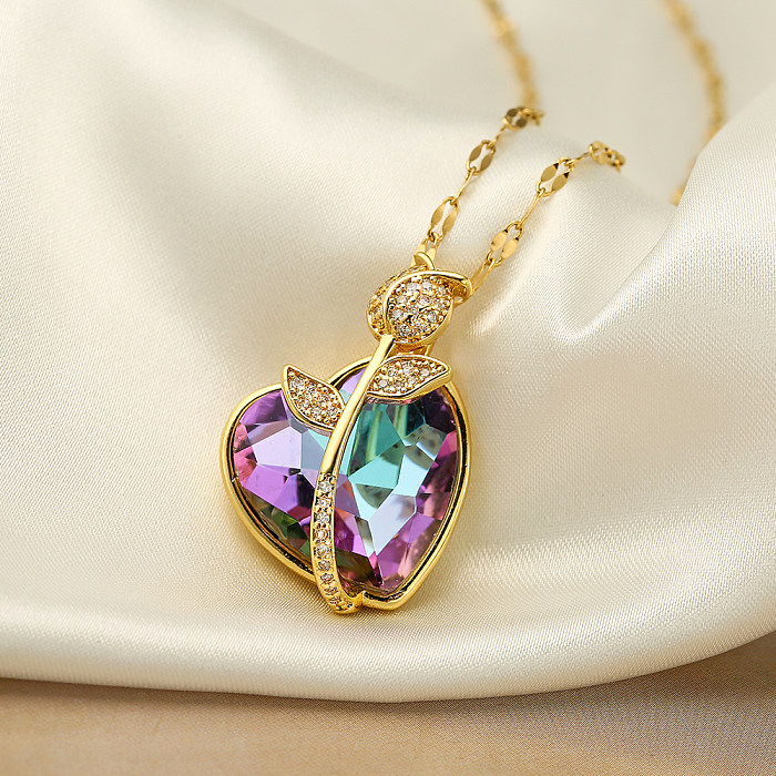 Sweet Commute Heart Shape Rose Copper Plating Inlay Zircon 18K Gold Plated Pendant Necklace