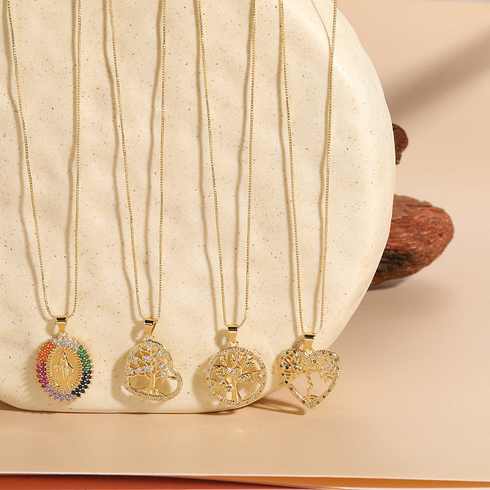Elegante, luxuriöse, klassische Porträt-Baum-Herzform-Kupfer-Inlay-Zirkon-Anhänger-Halskette mit 14-Karat-Vergoldung