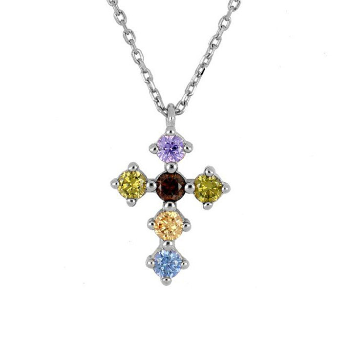 S925 Sterling Silver Fashion Cross Pendant Micro-inlaid Colorful Zircon Necklace
