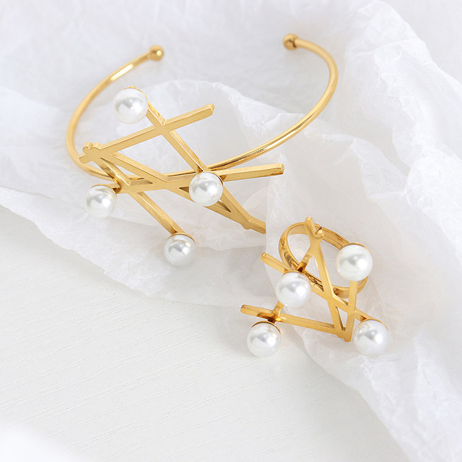Élégant style baroque perle titane acier placage perles artificielles plaqué or 18 carats anneaux bracelets
