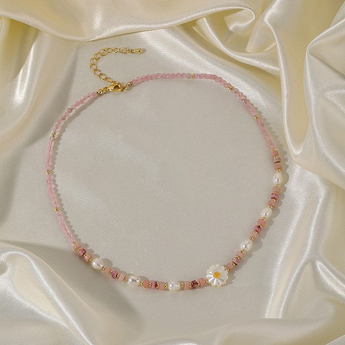 Collier de bracelets plaqué or 18 carats de cuivre de perle d'eau douce de fleur de style moderne