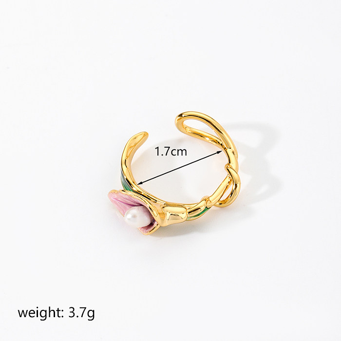 Retro Flower Butterfly Copper Plating Inlay Freshwater Pearl 18K Gold Plated Open Rings