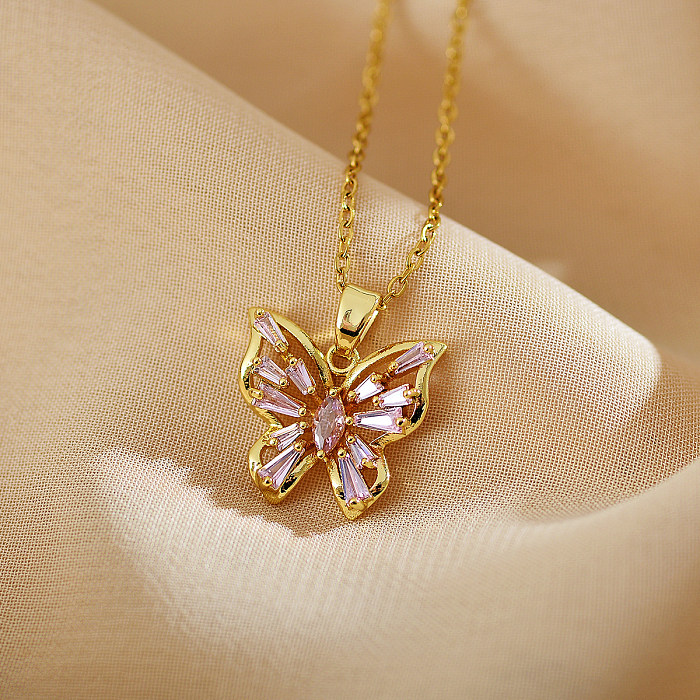 Sweet Simple Style Butterfly Copper Inlay Zircon Pendant Necklace