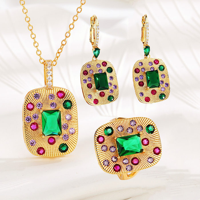 1 Piece 1 Pair Fashion Colorful Copper Inlay Rhinestones Women'S Rings Earrings Necklace