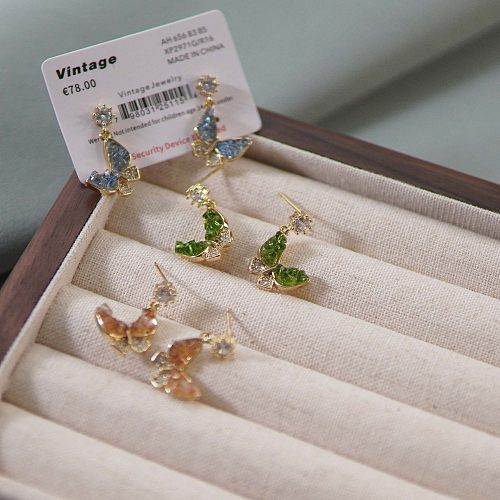 1 Pair Original Design Butterfly Copper Plating Inlay Artificial Gemstones Drop Earrings
