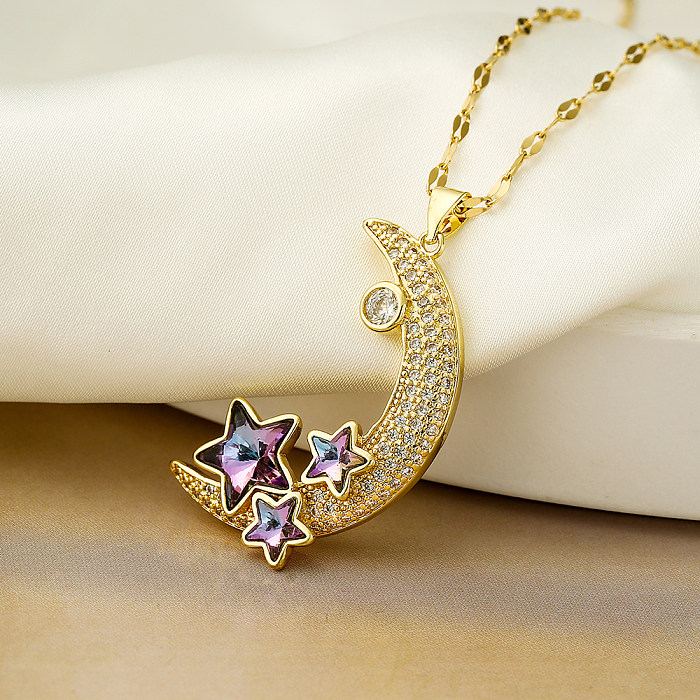 Simple Style Star Moon Copper Plating Inlay Zircon 18K Gold Plated Pendant Necklace