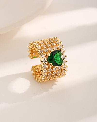 Estilo francês forma de coração chapeamento de cobre embutimento zircão 18K anéis abertos banhados a ouro