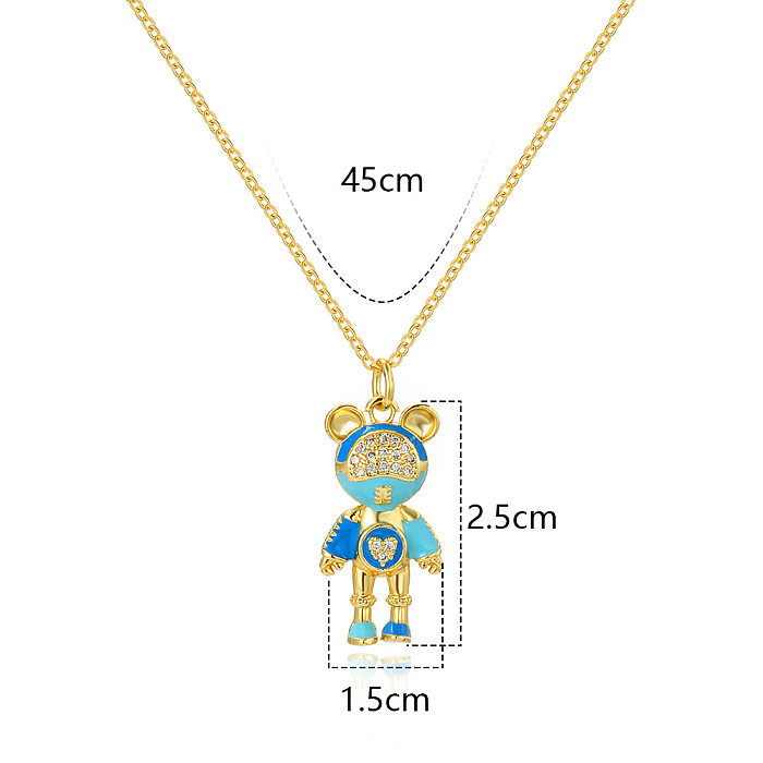 Cute Animal Bear Copper Enamel Plating Inlay Artificial Diamond Pendant Necklace