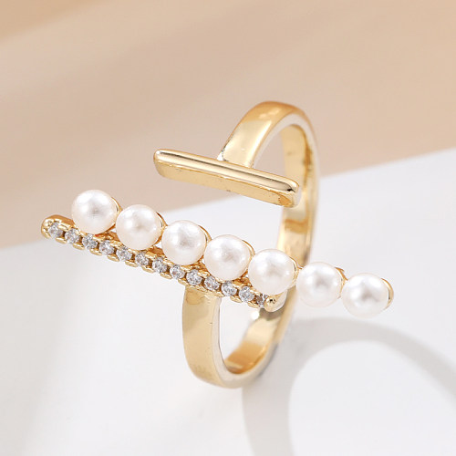 Elegant Lady Geometric Copper Inlay Pearl Zircon Open Rings