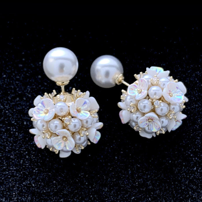 1 Pair Lady Flower Inlay Copper Artificial Gemstones Artificial Pearls Ear Studs