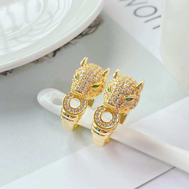 Anillo ajustable con apertura de diamantes chapado en oro de 18 quilates con diseño de leopardo y tendencia de moda