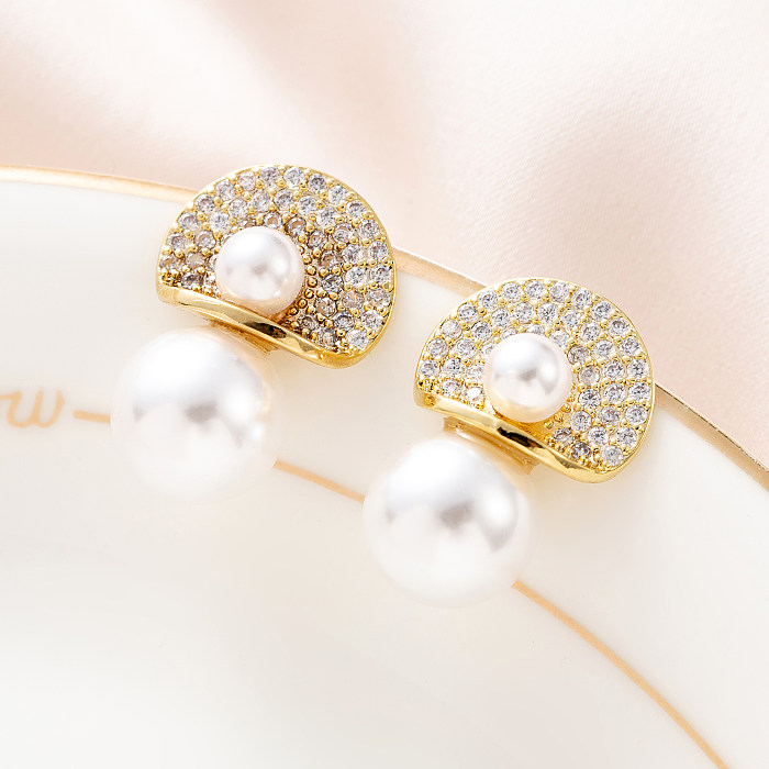 Boucles d'Oreilles Élégantes Géométriques Cuivre Plaqué Or Perles Artificielles Zircon 1 Paire