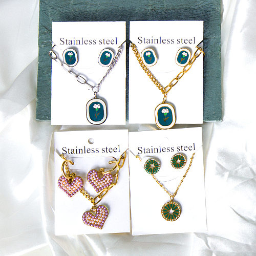 Fashion Oval Heart Shape Stainless Steel Earrings Necklace 1 Set