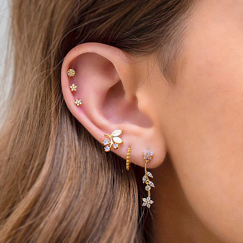 Boucles d'oreilles en cuivre et Zircon, fleur à la mode, 1 ensemble